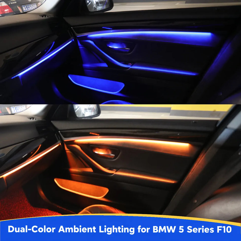 BMW 5er F10 LED-Innenraumbeleuchtung, zweifarbiger Neonstreifen (Eisblau) & Orange) mit einstellbarer Helligkeit, kompatibel mit Modellen von 2011–2016 | SPCRSO