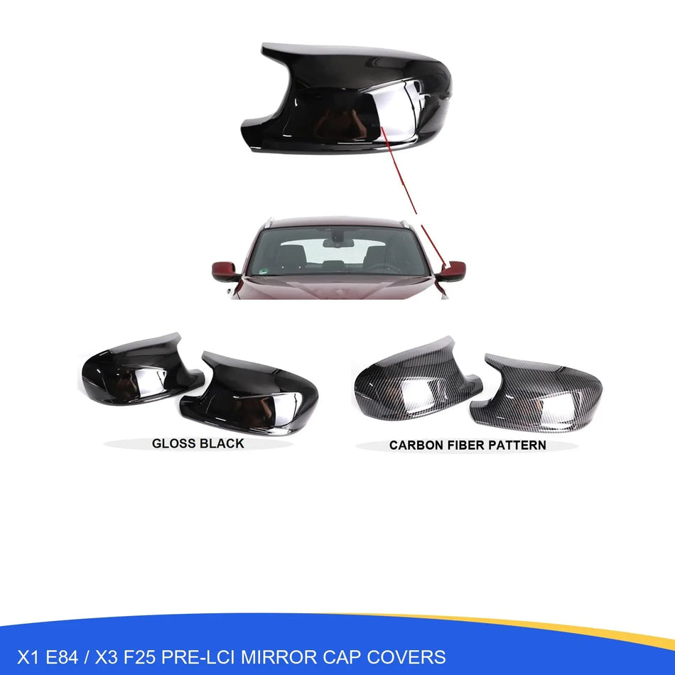 SPCRSO M Style Mirror Caps for BMW X1 E84 2009–2012 & X3 F25 2010–Early 2014 Pre-LCI – Gloss Black / Carbon Fiber Pattern