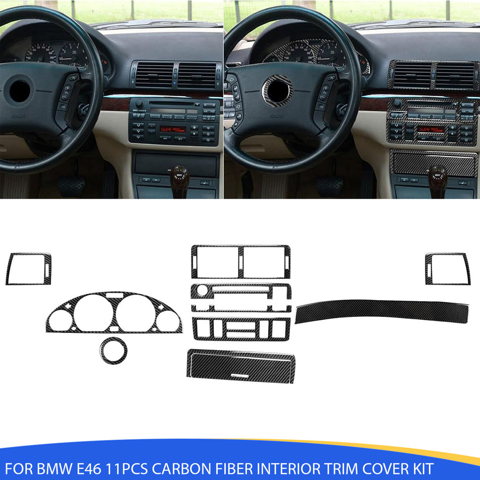 SPCRSO 11PCS Carbon Fiber Interior Trim Cover Kit Compatible with BMW 3 Series E46 1998–2006 – Central Console & Dashboard Frame Set