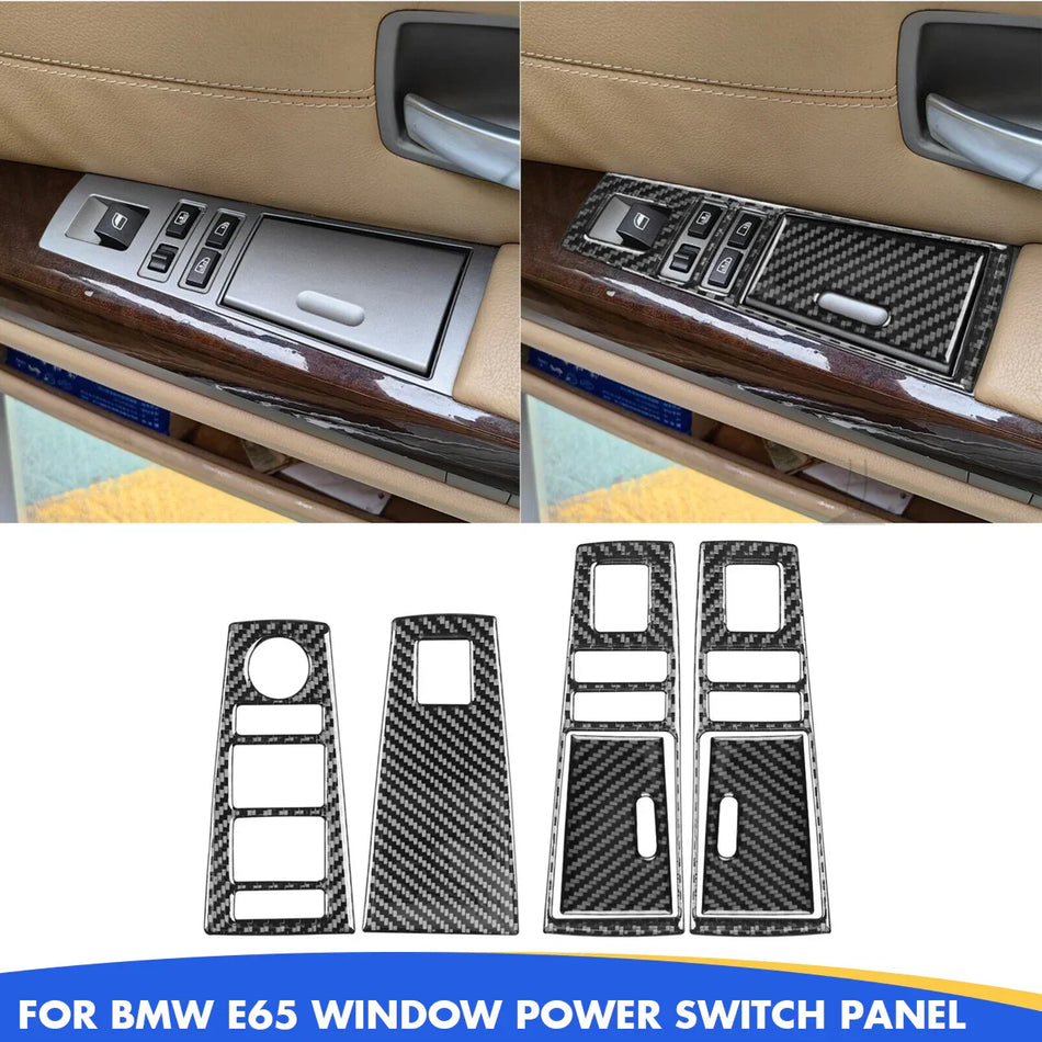 SPCRSO Real Carbon Fiber Window Lift Switch Panel Trim Cover – Compatible with BMW 7 Series E65 E66 (2002–2008) – Interior Decorative Sticker Set, 6PCS