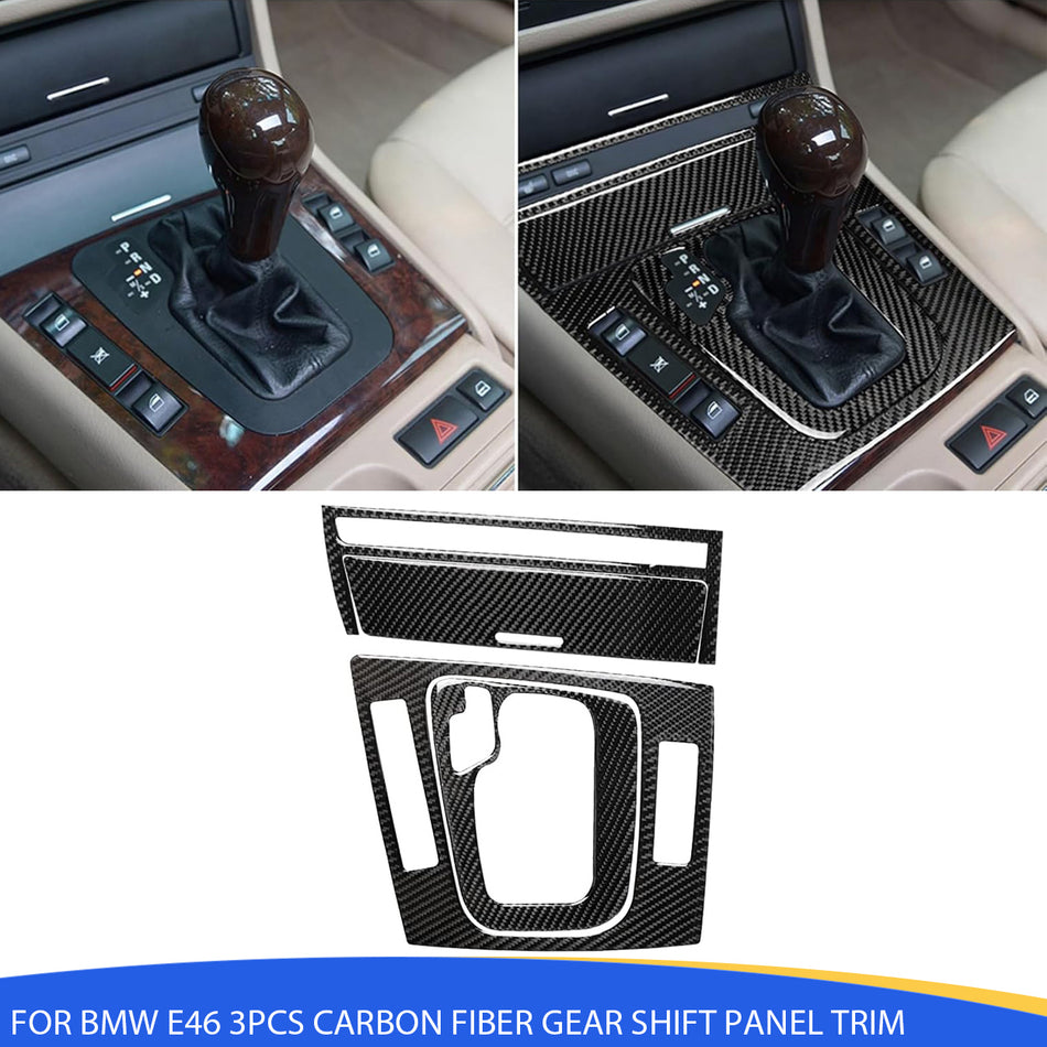 SPCRSO 3PCS Carbon Fiber Gear Shift Panel Trim Compatible with BMW 3 Series E46 1998–2006 – Center Console Sticker Set Interior Decoration