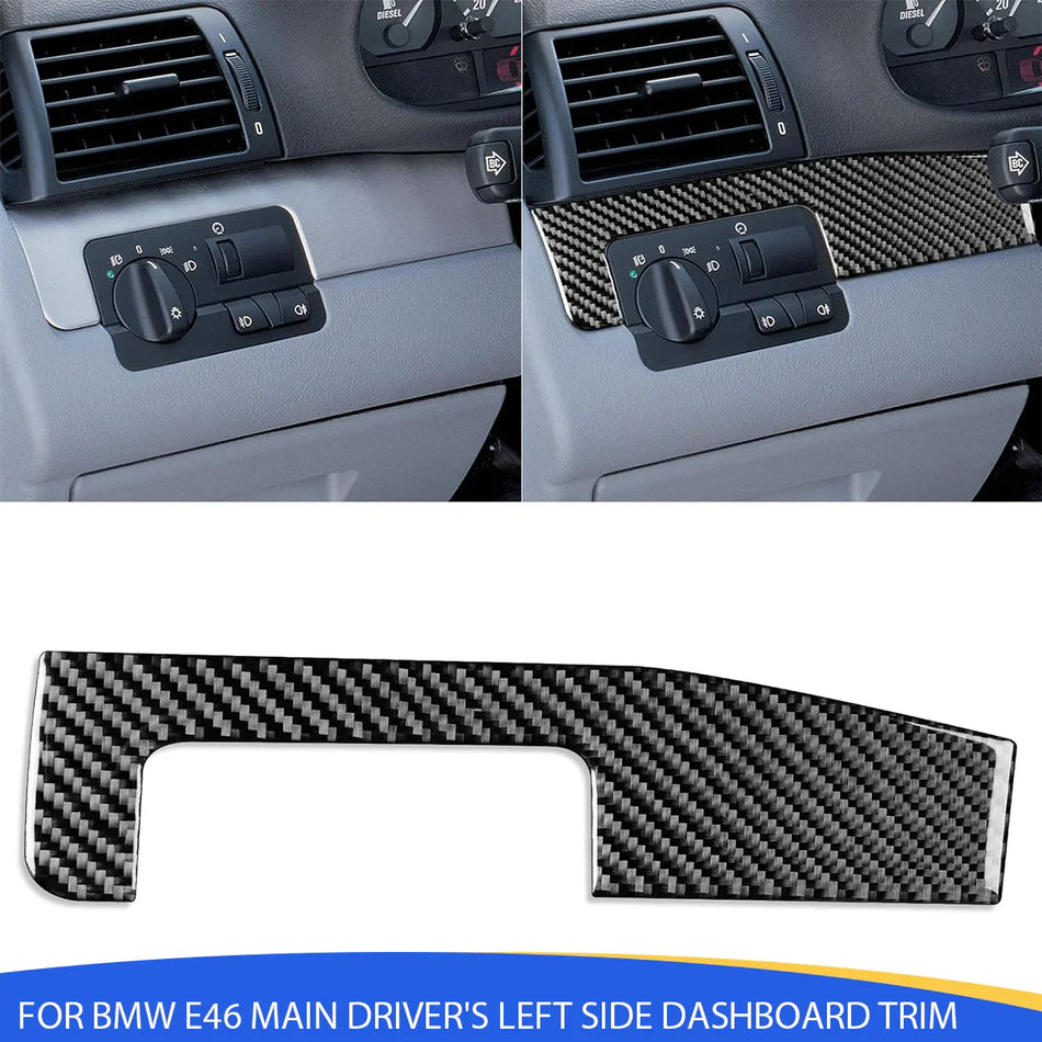 SPCRSO Real Carbon Fiber Main Driver's Side Dashboard Trim Panel Sticker Compatible with BMW E46 3 Series 1998–2005, Left Interior Accessory – Black