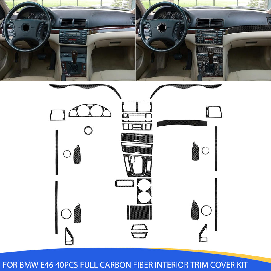 SPCRSO 40PCS Full Carbon Fiber Interior Trim Cover Kit Compatible with BMW 3 Series M3 E46 1998–2005 – Dashboard, Console, Panel & More