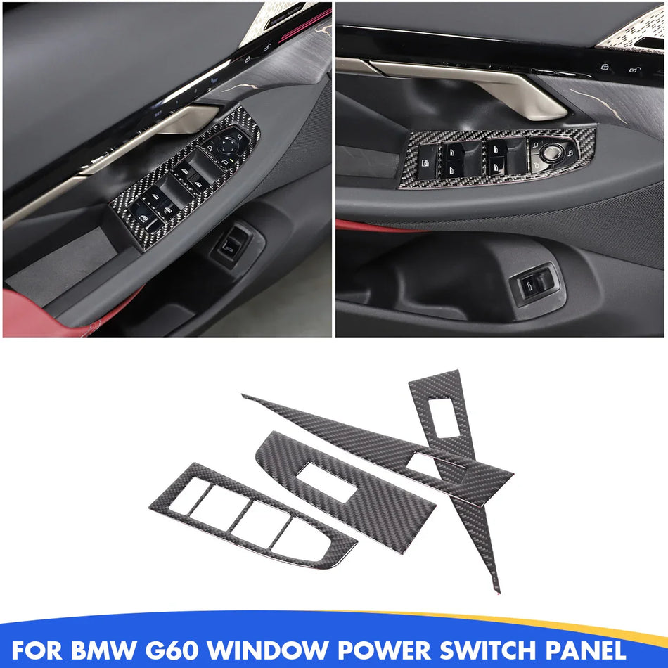 Sekhyna Window Lift Switch Tapel Tapa de la cubierta Compatible con BMW 5 Serie 2024 G60, Pangua del panel de control de la ventana de la puerta interior, accesorios interiores de fibra de carbono 4pcs (carbono negro)