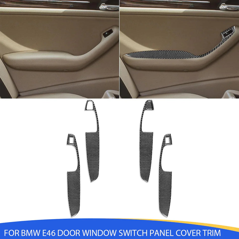 SPCRSO Real Carbon Fiber Door Window Switch Panel Cover Trim Compatible with BMW E46 3 Series 1998–2005, Power Glass Lifting Control Sticker – Black - A