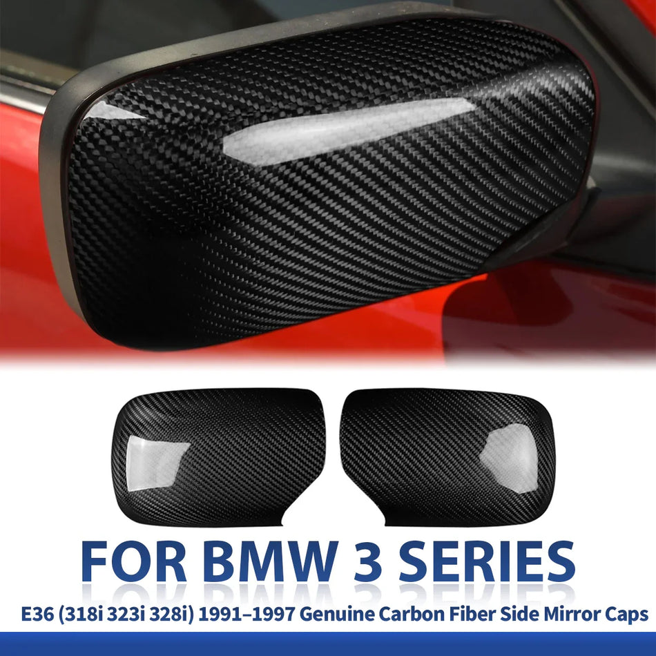 SPCRSO Real Dry Carbon Fiber Mirror Covers for BMW 3 Series E36 1991–1997, Adhesive Overlay, Gloss or Matte Finish
