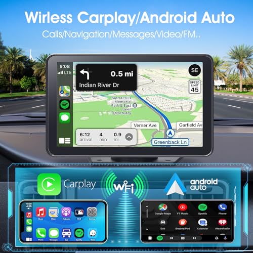 Portable Wireless Carplay Car Stereo. 7 HD Touchscreen for Car with Apple CarPlay & Android Auto with Mirror Link/Backup Camera/Siri/Bluetooth/Navigation/AUX for All Vehicles