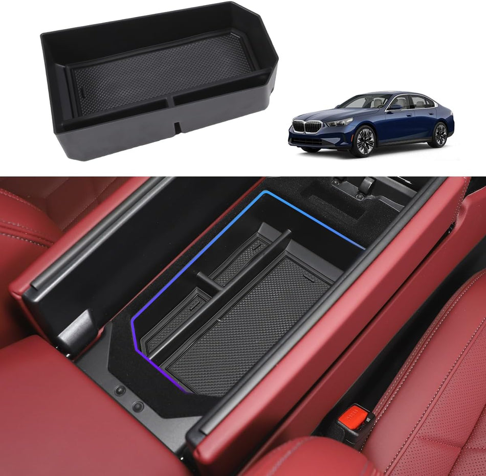 Black center console organizer tray installed in a BMW 5 Series G60 armrest