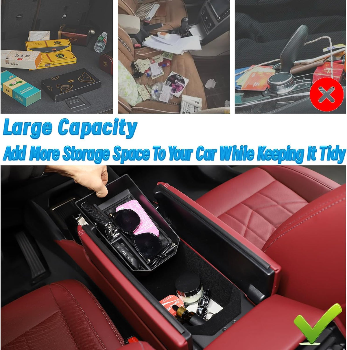 BMW G60 armrest organizer storing sunglasses keys and small items