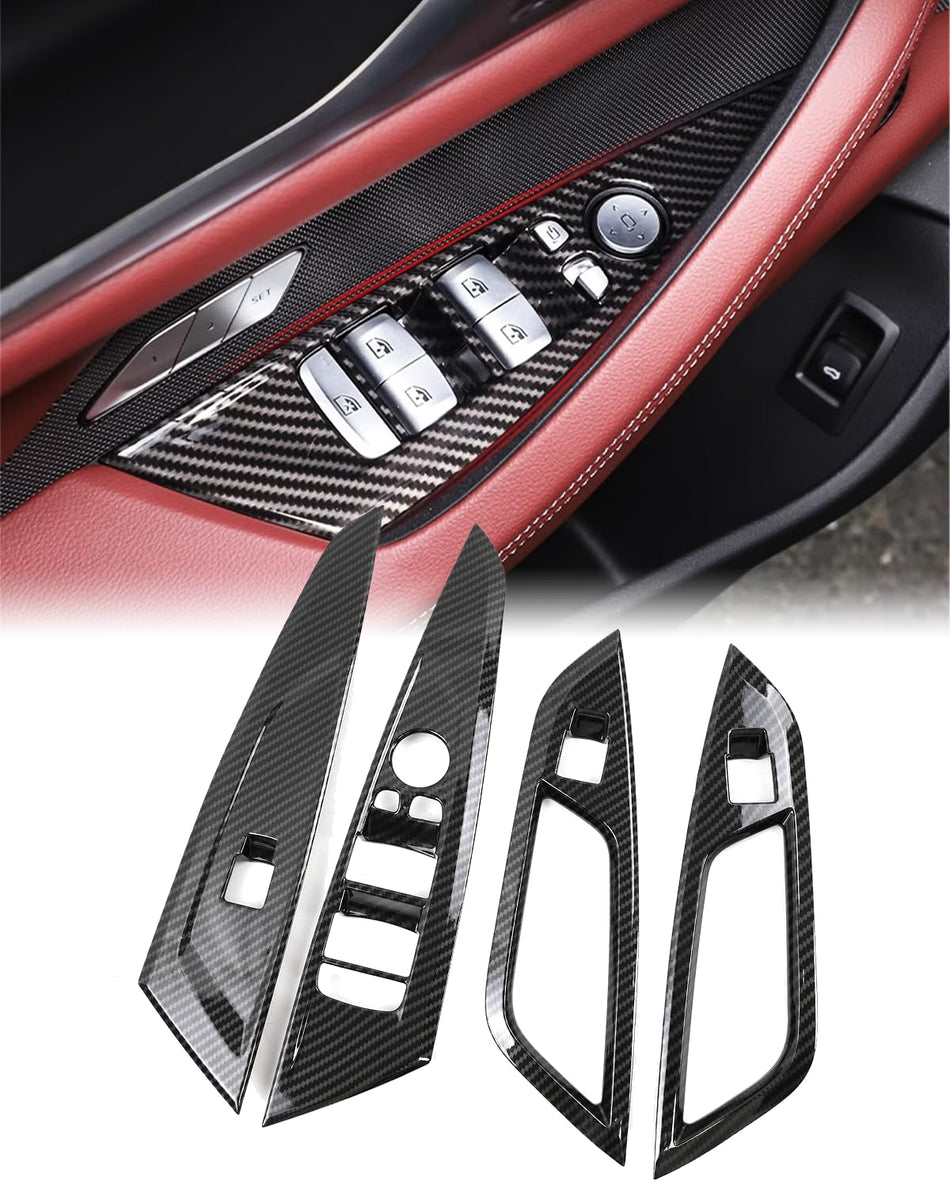 SPCRSO for BMW G22 G23 Window Lift Switch Panel Cover Trim, Window Lift Switch Panel Protection for BMW 4 Series G22 G23 G26 i4 2021-2025 Accessories (4Pcs Carbon Fiber Style)