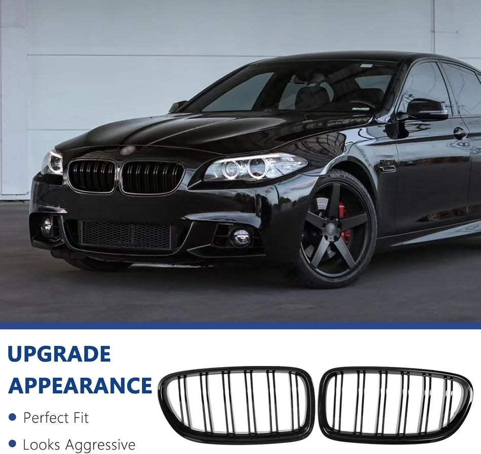 SPCRSO F10 Grille,Front Kidney Grille Grill Compatible With 2010-2017 5 Series F10 F11 M5 (Double Slats Gloss Black Grills, 2pcs)