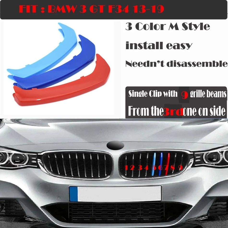 SPCRSO M-Colored Kidney Grille Insert Strips Compatible with BMW 3 Series GT F34 M-Sport 2013–2020 (9-Beam Grille Only)