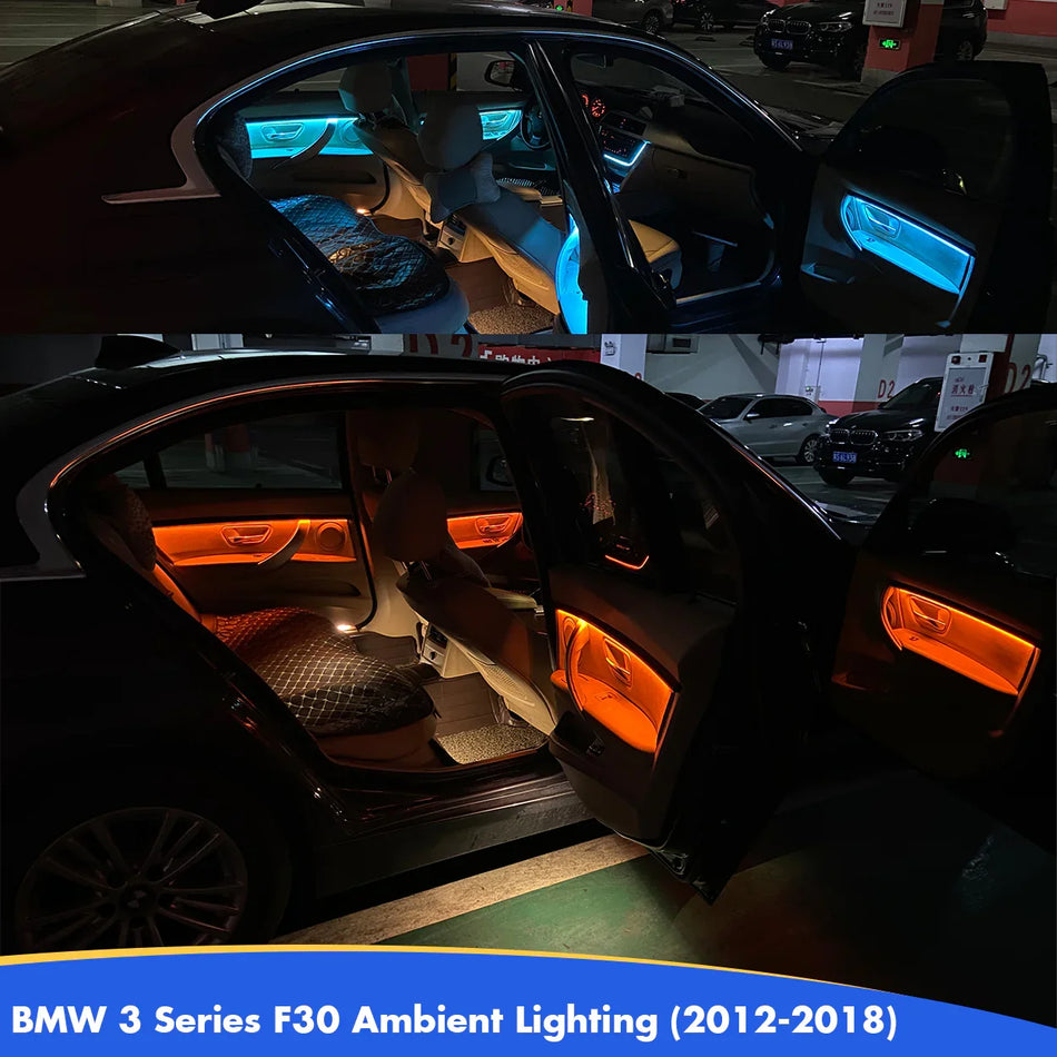 4 portes intérieures Lumières ambiantes LED TRIMES DÉCORATIVES LUMIÈRES AVEC LES COULEURS BLEU ET ORANGE LUMIÈRES DE LA SÉRIE BMW 3 F30