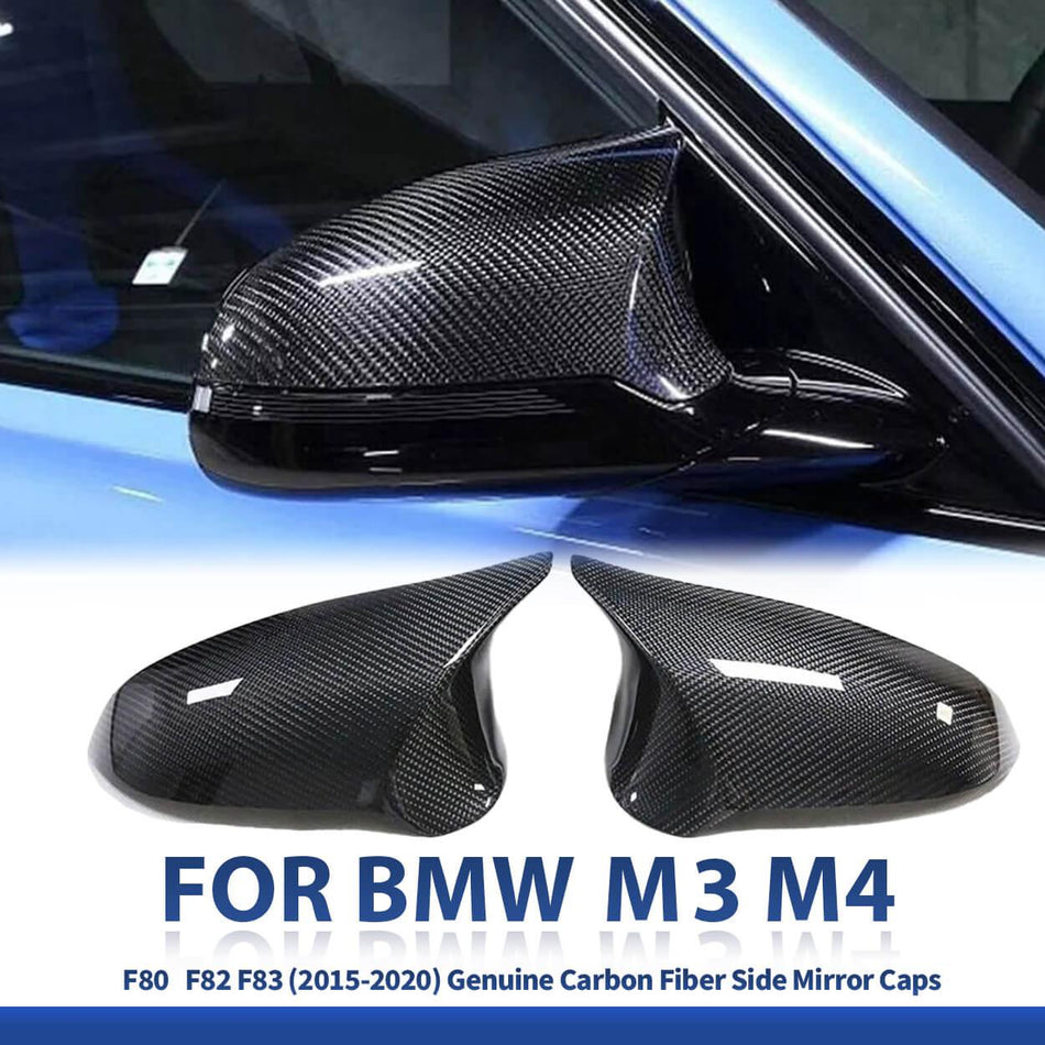 SPCRSO Real Carbon Fiber Rearview Mirror Cover Caps for BMW M3 F80 M4 F82 F83 (2015–2020), 2PCS Set, Adhesive Mount Overlay, Gloss UV Protection