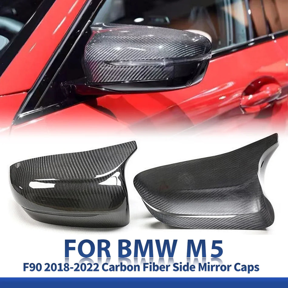 SPCRSO Real Dry Carbon Fiber Mirror Cover Caps for BMW M5 F90 2018–2022, Adhesive Mount Overlay, Gloss UV Protection, Fits Competition & LCI Models