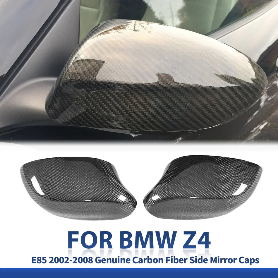 SPCRSO Real Carbon Fiber Mirror Covers for BMW Z4 E85 2002–2008, Gloss 3×3 Twill Weave, UV-Protected Stick-On Design