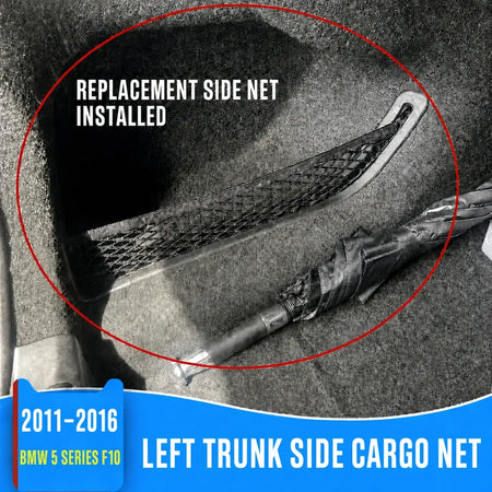 Replacement left-side trunk cargo net installed in a 2011-2016 BMW 5 Series F10