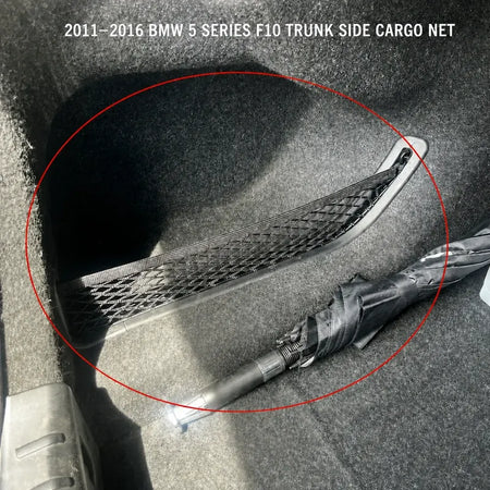 BMW 5 Series F10 left trunk side cargo net installed