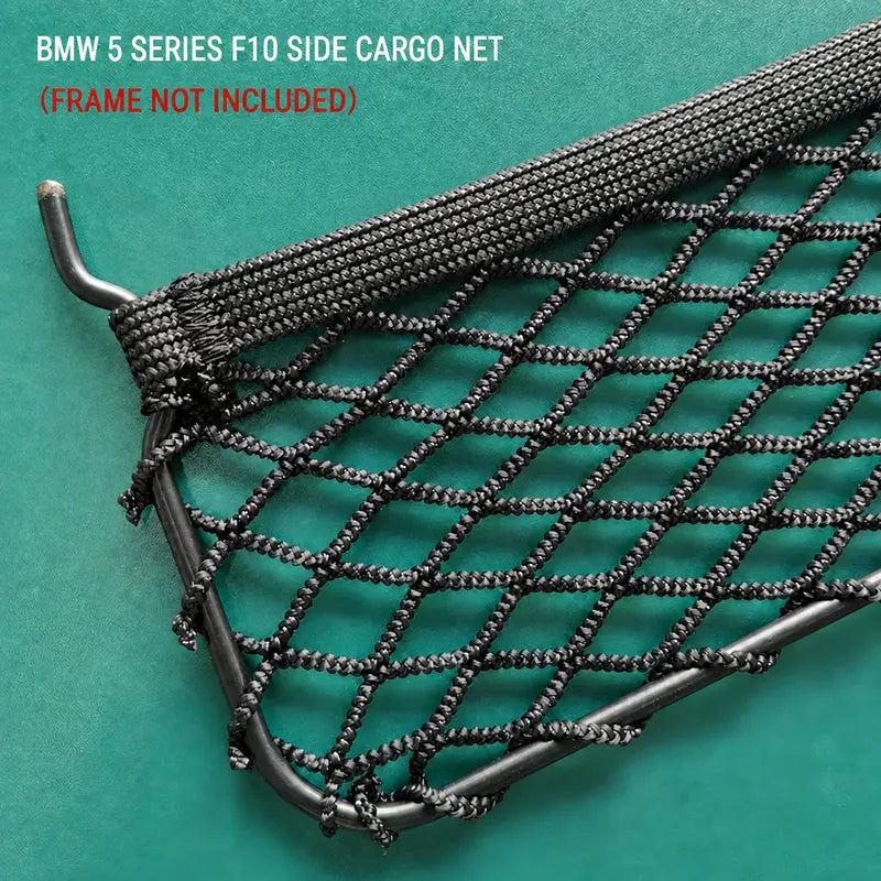 Close-up of BMW F10 trunk cargo net edge; factory outer frame not included