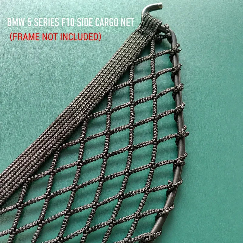 Close-up of replacement mesh for BMW F10 left-side trunk cargo net