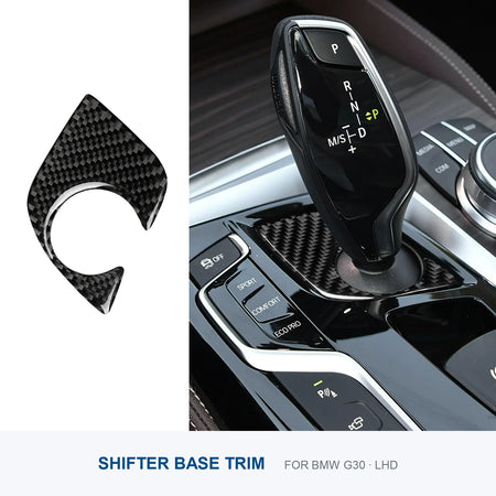 Carbon fiber shifter base trim for a left-hand-drive BMW G30, shown separately and installed.