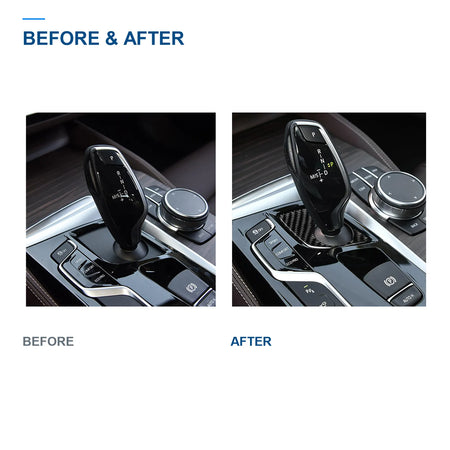 BMW G30 gear selector base before and after installing the carbon fiber trim overlay.