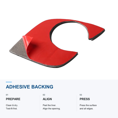 Adhesive backing of the BMW G30 shifter base trim with preparation, alignment and pressing steps.