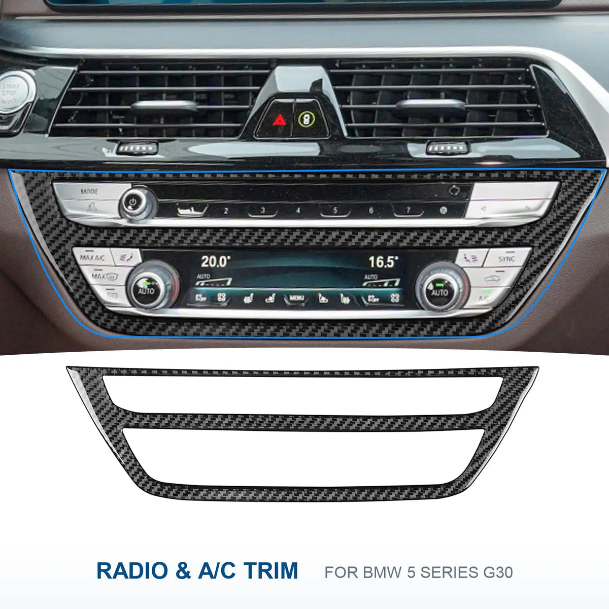 Carbon fiber radio and AC trim for BMW G30, shown separately and installed around the controls.