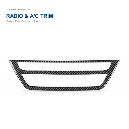 Front view of the one-piece carbon fiber radio and AC trim overlay for BMW G30.