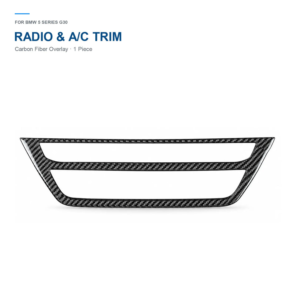 Front view of the one-piece carbon fiber radio and AC trim overlay for BMW G30.