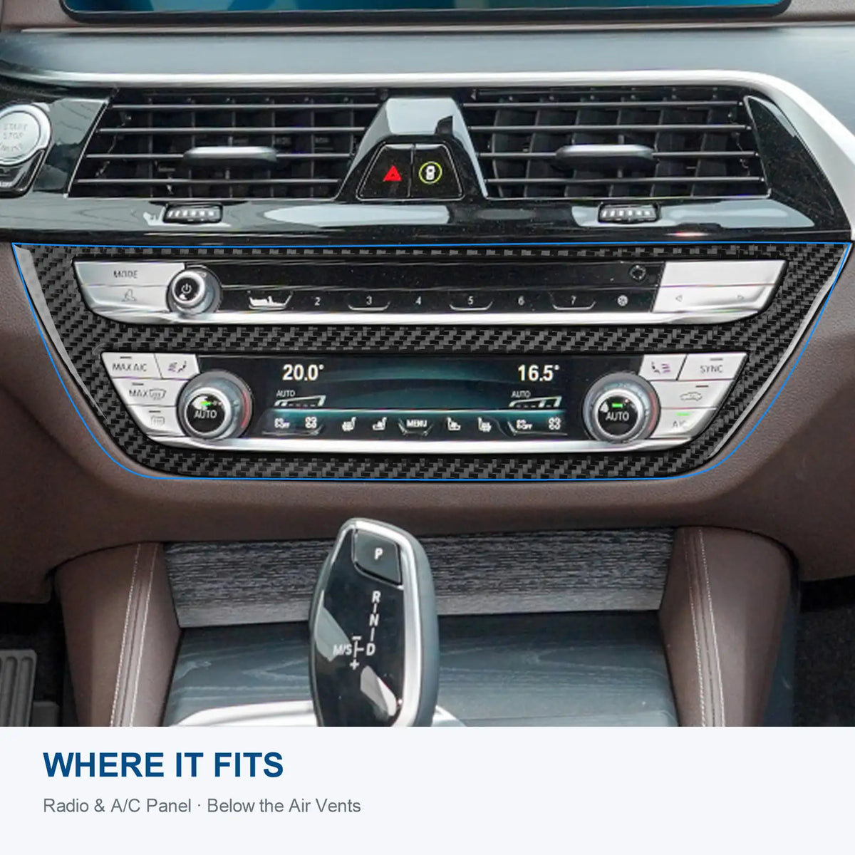 BMW G30 radio and AC trim installation location below the center air vents.