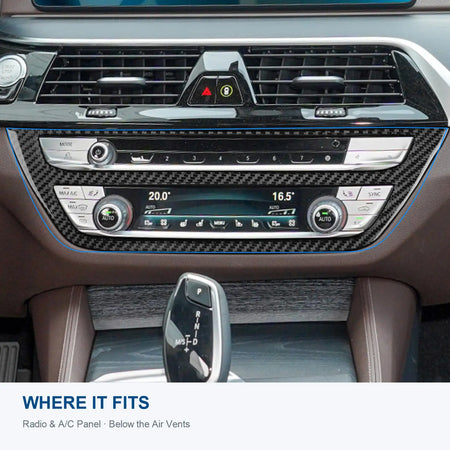 BMW G30 radio and AC trim installation location below the center air vents.
