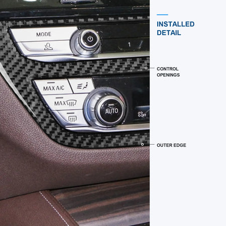 Close-up of the BMW G30 radio and AC trim around the control openings and outer edge.