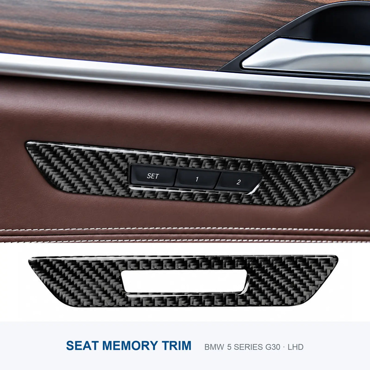Carbon fiber seat memory button trim for a left-hand-drive BMW G30, shown separately and installed around the SET, 1 and 2 buttons.