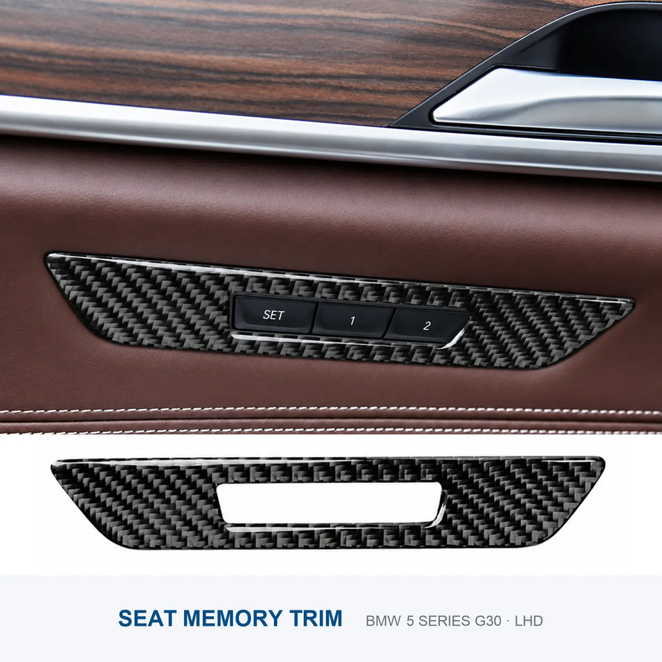 Carbon fiber seat memory button trim for a left-hand-drive BMW G30, shown separately and installed around the SET, 1 and 2 buttons.