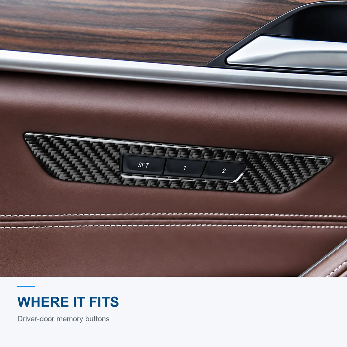 Carbon fiber seat memory trim installed around the SET, 1 and 2 buttons below the driver door handle in a BMW G30.