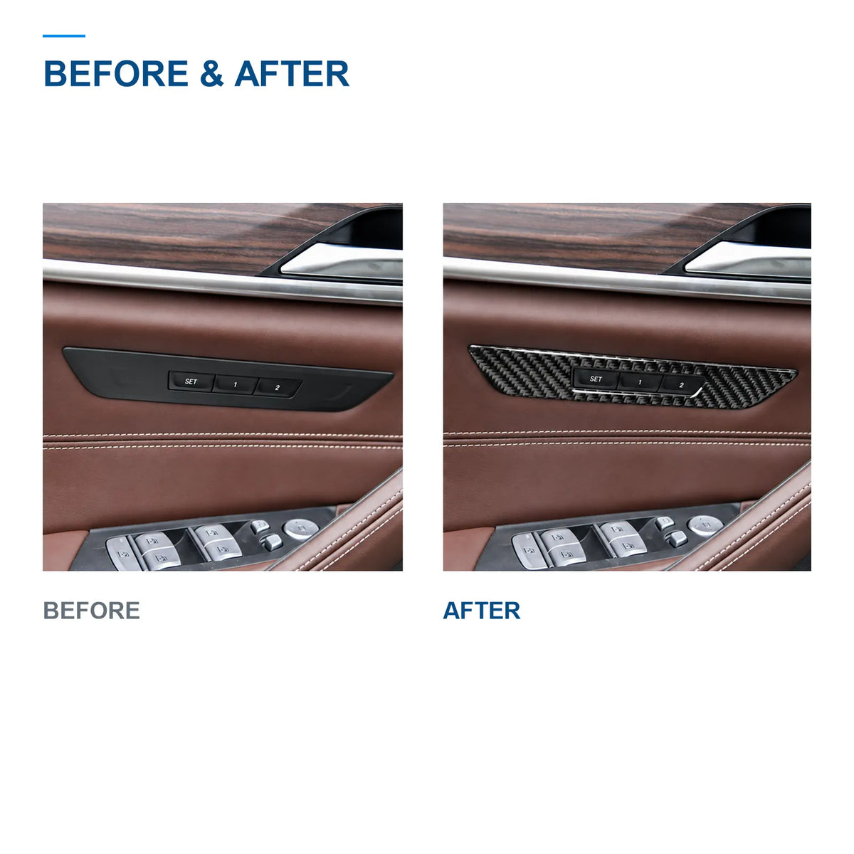 BMW G30 seat memory button panel before and after adding the carbon fiber trim overlay.