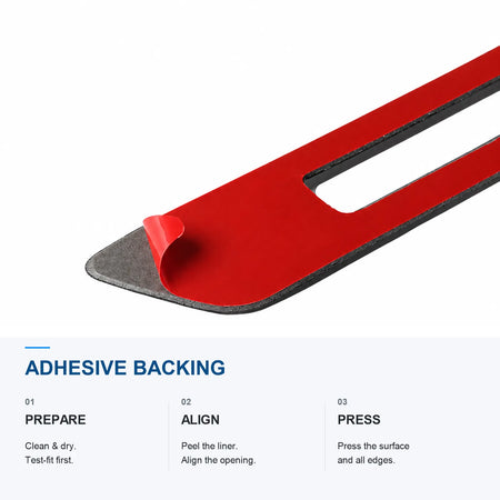Seat memory trim adhesive backing with red release liner being peeled, plus preparation, alignment and pressing steps.