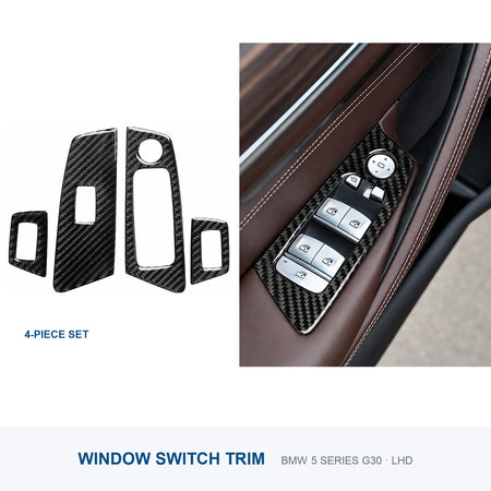 Four-piece carbon fiber window switch trim set for a left-hand-drive BMW G30, shown beside an installed driver door panel.