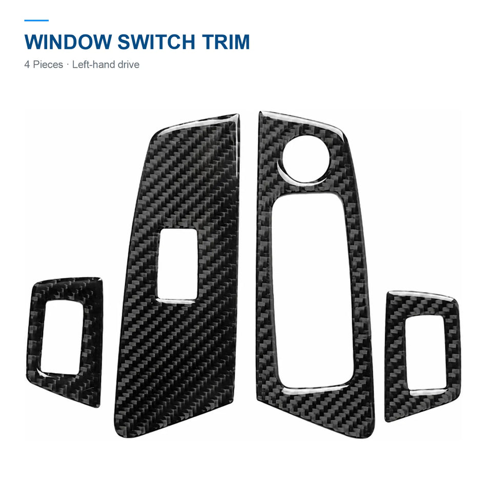 Four carbon fiber window switch trim pieces for a left-hand-drive BMW G30, with two long panels and two small switch frames.