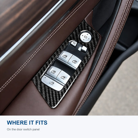 Carbon fiber window switch trim installed around the window and mirror controls on a BMW G30 driver door.