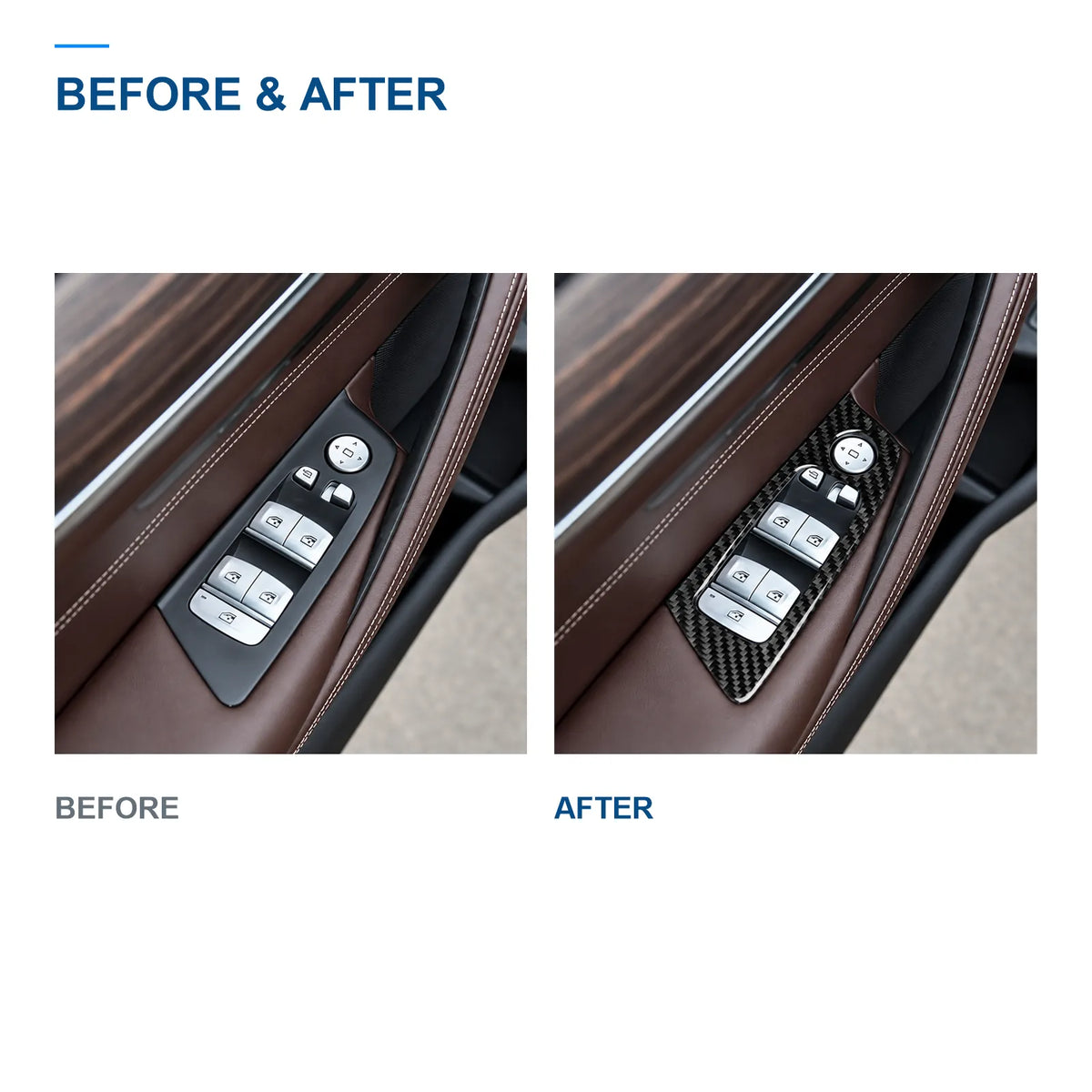 BMW G30 driver door window switch panel before and after installing the carbon fiber trim.