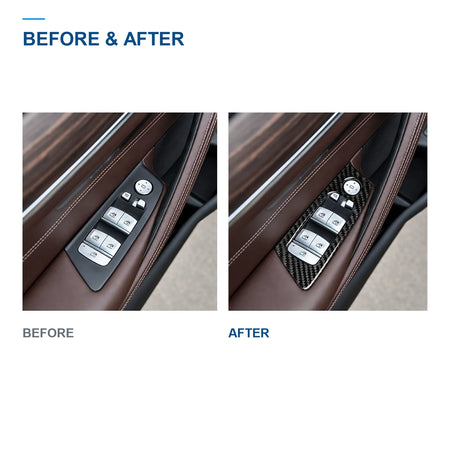 BMW G30 driver door window switch panel before and after installing the carbon fiber trim.