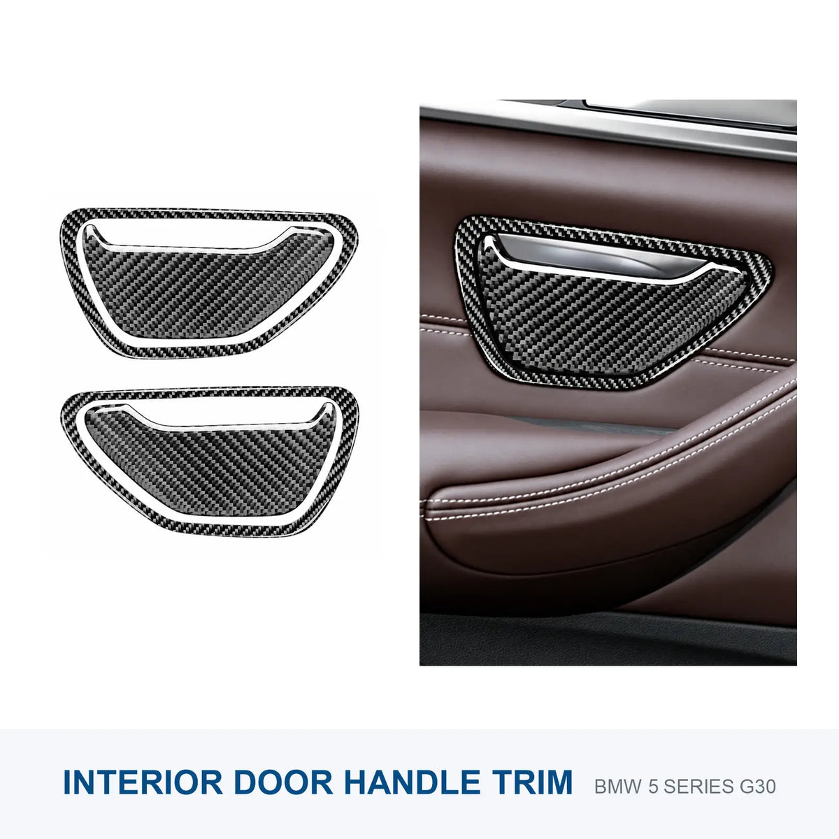 Carbon fiber interior door handle trim for BMW G30, showing the four-piece set and installed appearance