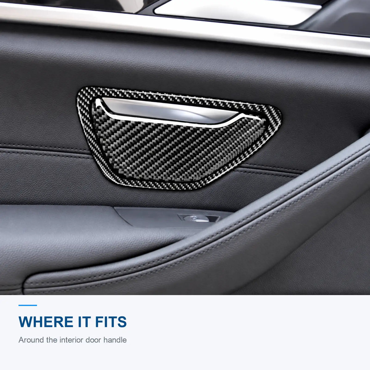 Carbon fiber trim installed around the interior door handle in a BMW G30