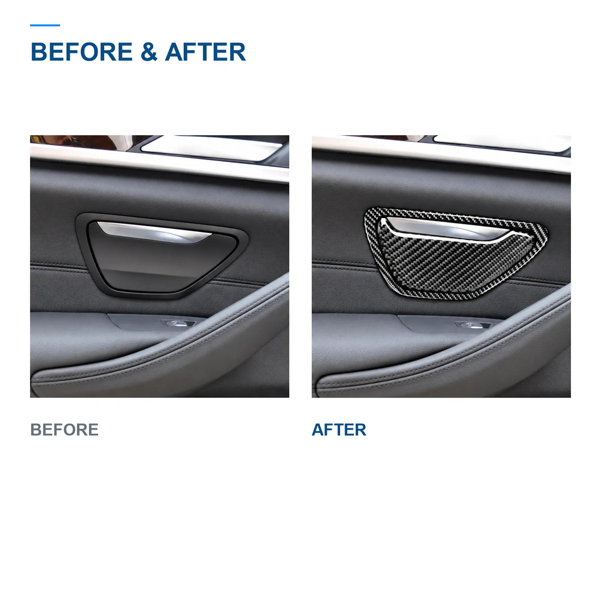 BMW G30 interior door handle area before and after fitting carbon fiber trim