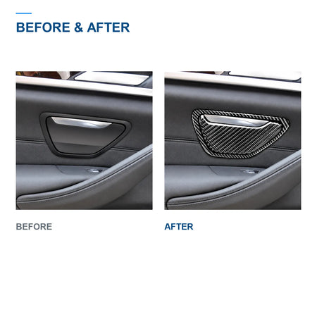 BMW G30 interior door handle area before and after fitting carbon fiber trim