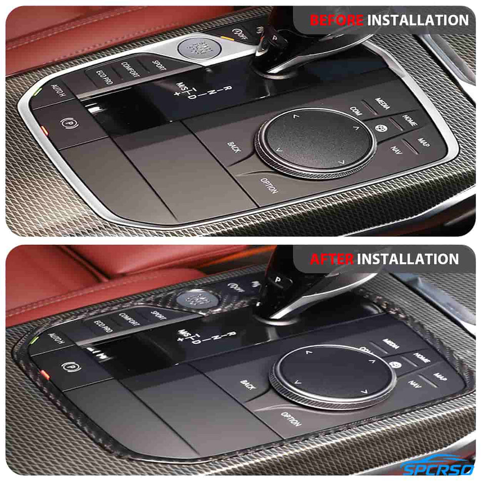 SPCRSO Real Carbon Fiber Console Gear Shift Trim Frame for BMW X5 X6 X7 XM (2019–2023)