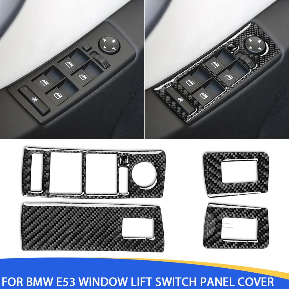 SPCRSO Real Premium Carbon Fiber Car Window Lift Switch Panel Cover Sticker Compatible with BMW X5 E53 2000-2006 Interior Accessories