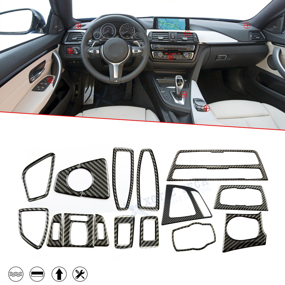 SPCRSO 15PCS Genuine Carbon Fiber Full Interior Overlay Trim Kit Compatible with BMW 3 Series F30 F31, GT F34, 4 Series F32 F33 F36 (2013–2017)
